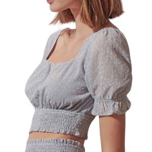 New Storia Leopard Print Puff Sleeve Smocked Hem Crop Top Pastel Blue Size Small